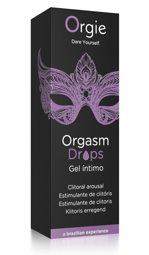 Flacone e scatola Orgie Orgasm Drops con design a maschera.