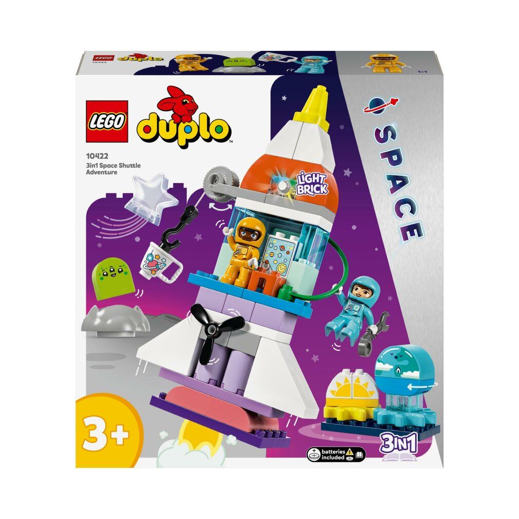 Set LEGO Duplo. Razzo con personaggi e accessori. Confezione con nome del prodotto e età consigliata 3+. Batterie incluse.