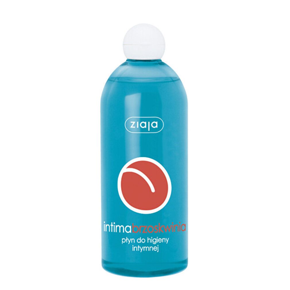 Flacone blu turchese con tappo bianco. Cerchio rosso con simbolo di pesca. Scritta 'ziaja' e 'intima broskwinia'.