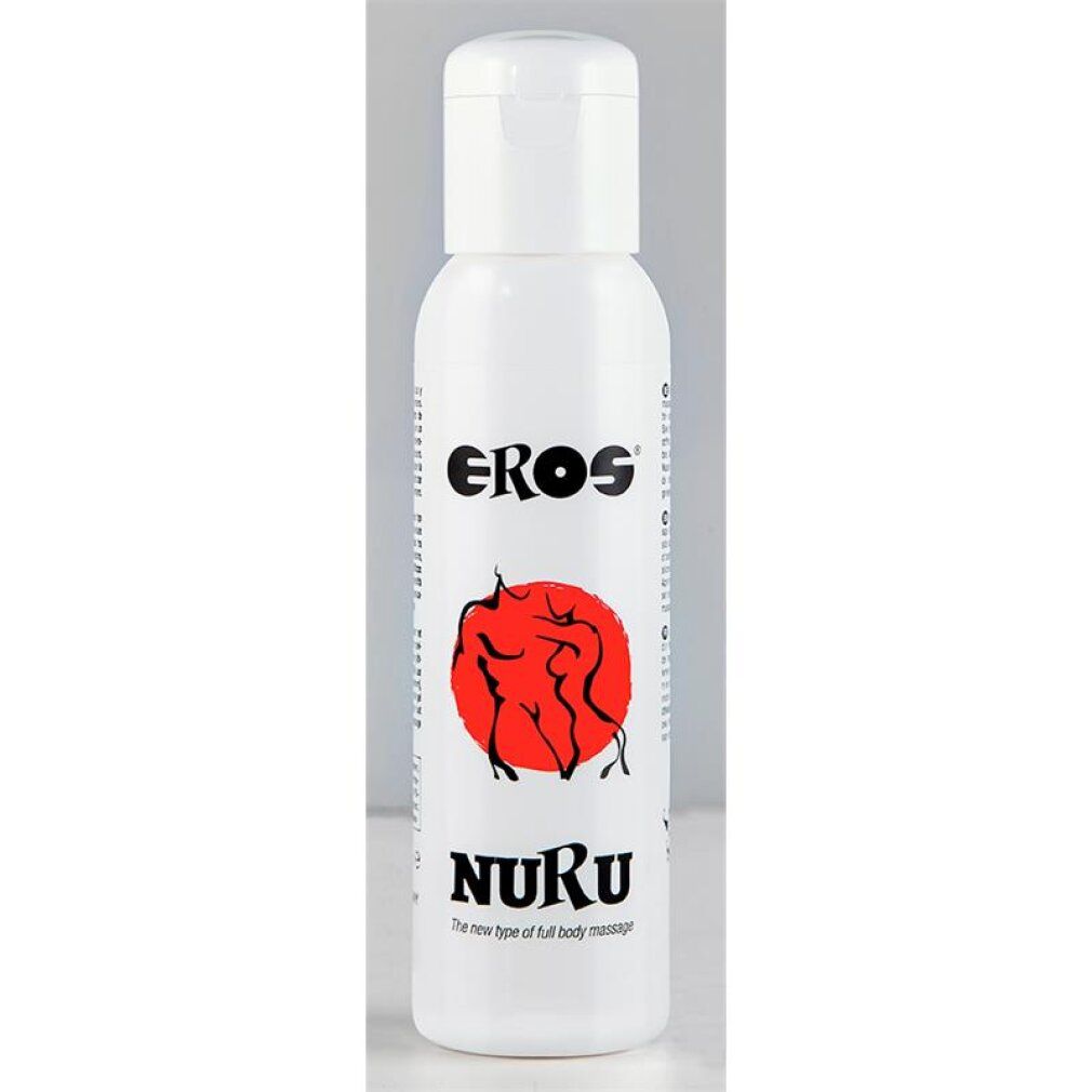 Flacone bianco di gel da massaggio Nuru di Eros con cerchio rosso e logo di figure.