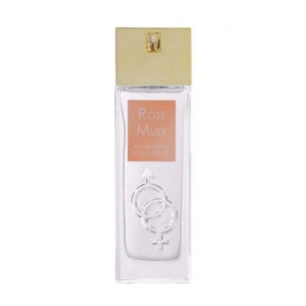 Flacone rettangolare con tappo dorato. Etichetta "Rose Musk" e "Alyssa Ashley". Sotto, simboli intrecciati.
