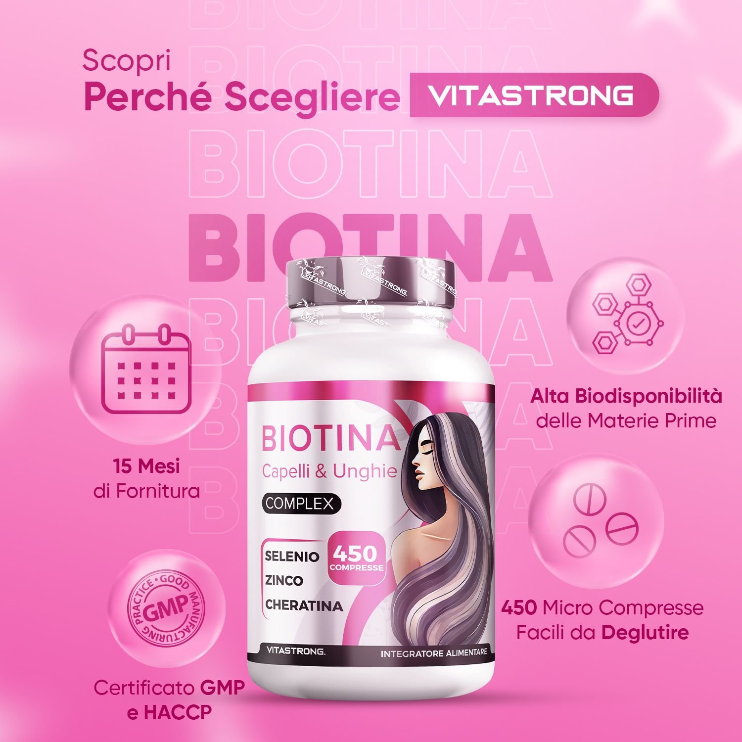 Flacone "Biotina Capelli & Unghie Complex" con 450 compresse. Testo: 15 mesi di Fornitura, Certificato GMP e HACCP.