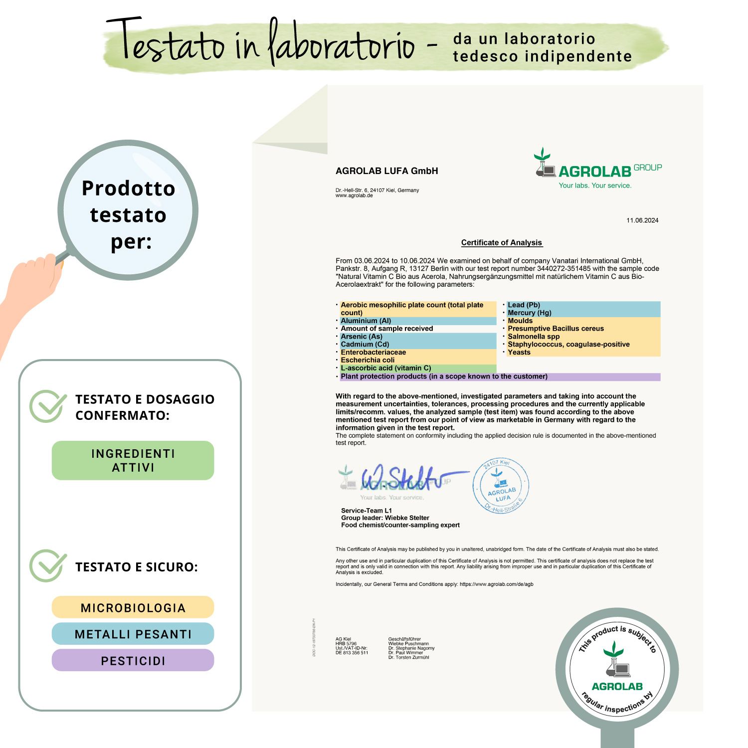 Certificato di Agrolab LUFA GmbH. Testato e dosaggio confermato. Testato e sicuro: Microbiologia, metalli pesanti, pesticidi.