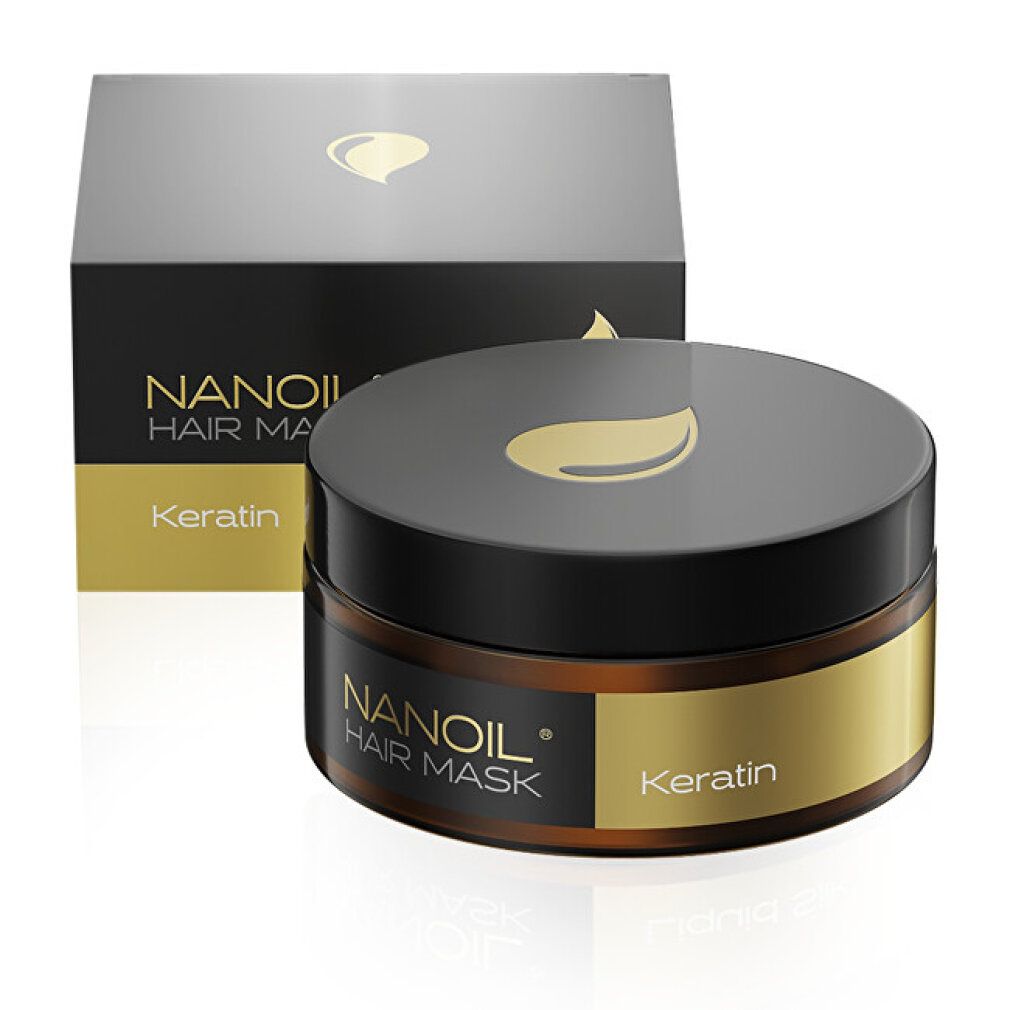 Maschera per capelli Nanoil alla cheratina in un barattolo di vetro marrone con coperchio nero e scatola esterna.