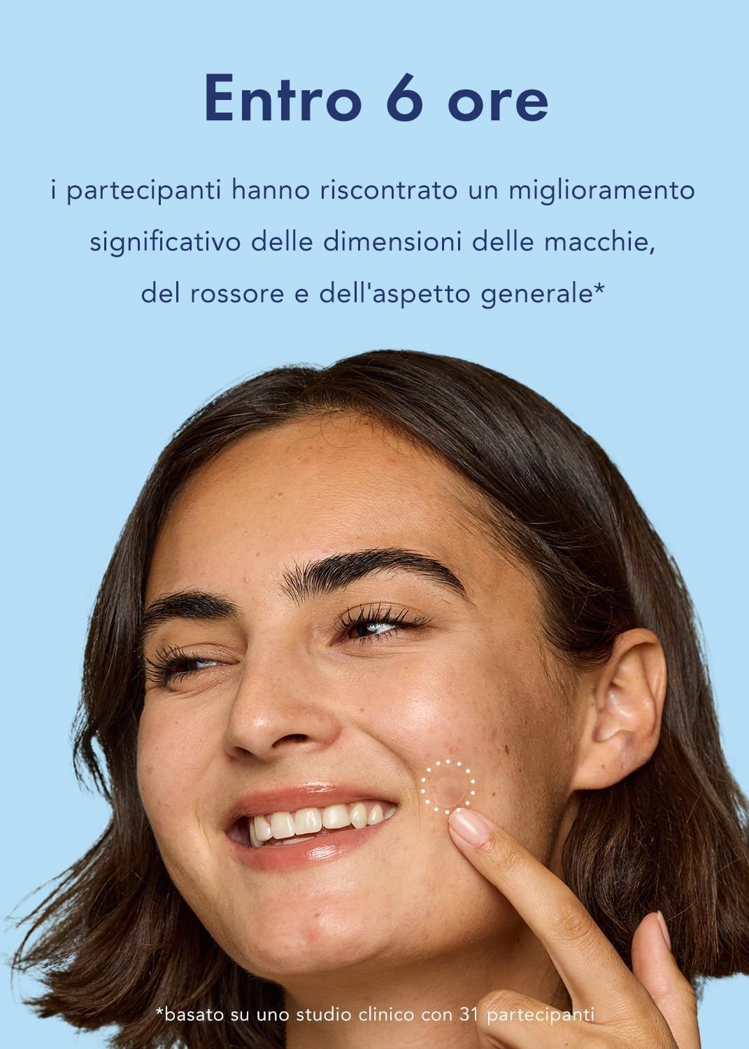 Donna con cerotto sulla guancia. Indica il cerotto. Testo: miglioramento delle imperfezioni cutanee in 6 ore.