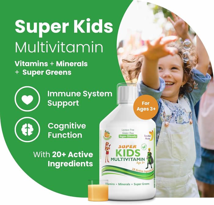 Flacone di Swedish Nutra SUPER KIDS MULTIVITAMIN. Contiene vitamine, minerali e superfood. Per bambini dai 3 anni.