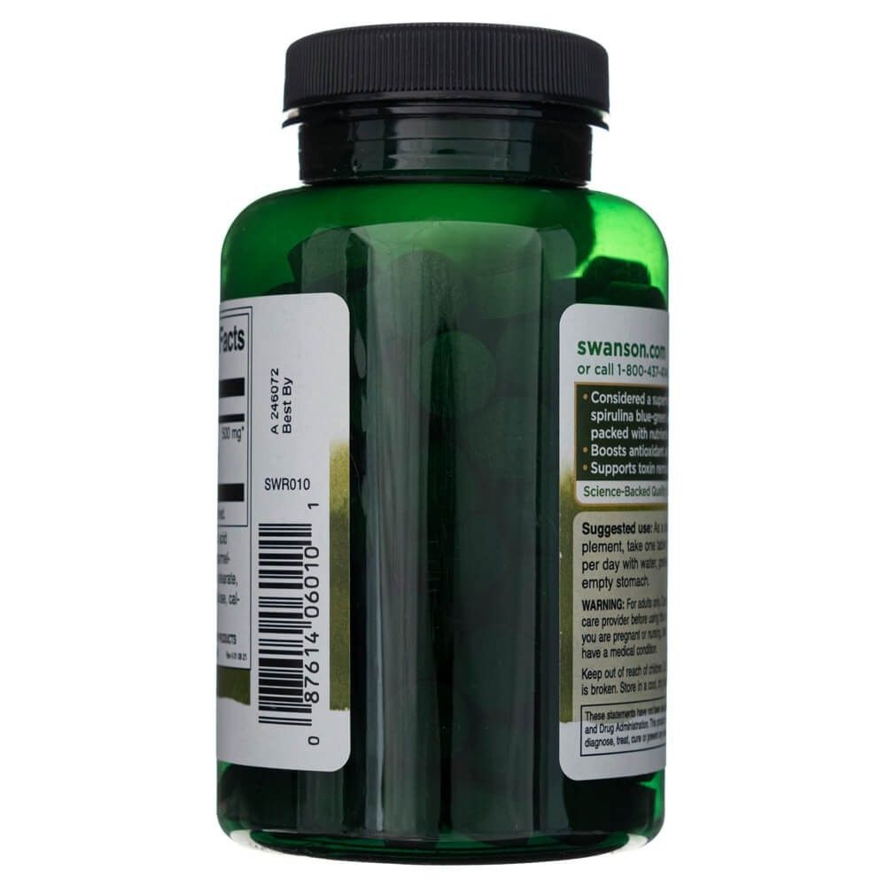 Lato di un flacone verde di spirulina Swanson, con sito web e istruzioni per l'uso.