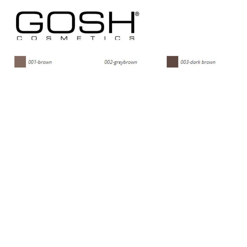 Campioni di colore Gosh Cosmetics: 001-marrone, 002-grigio-marrone, 003-marrone scuro.