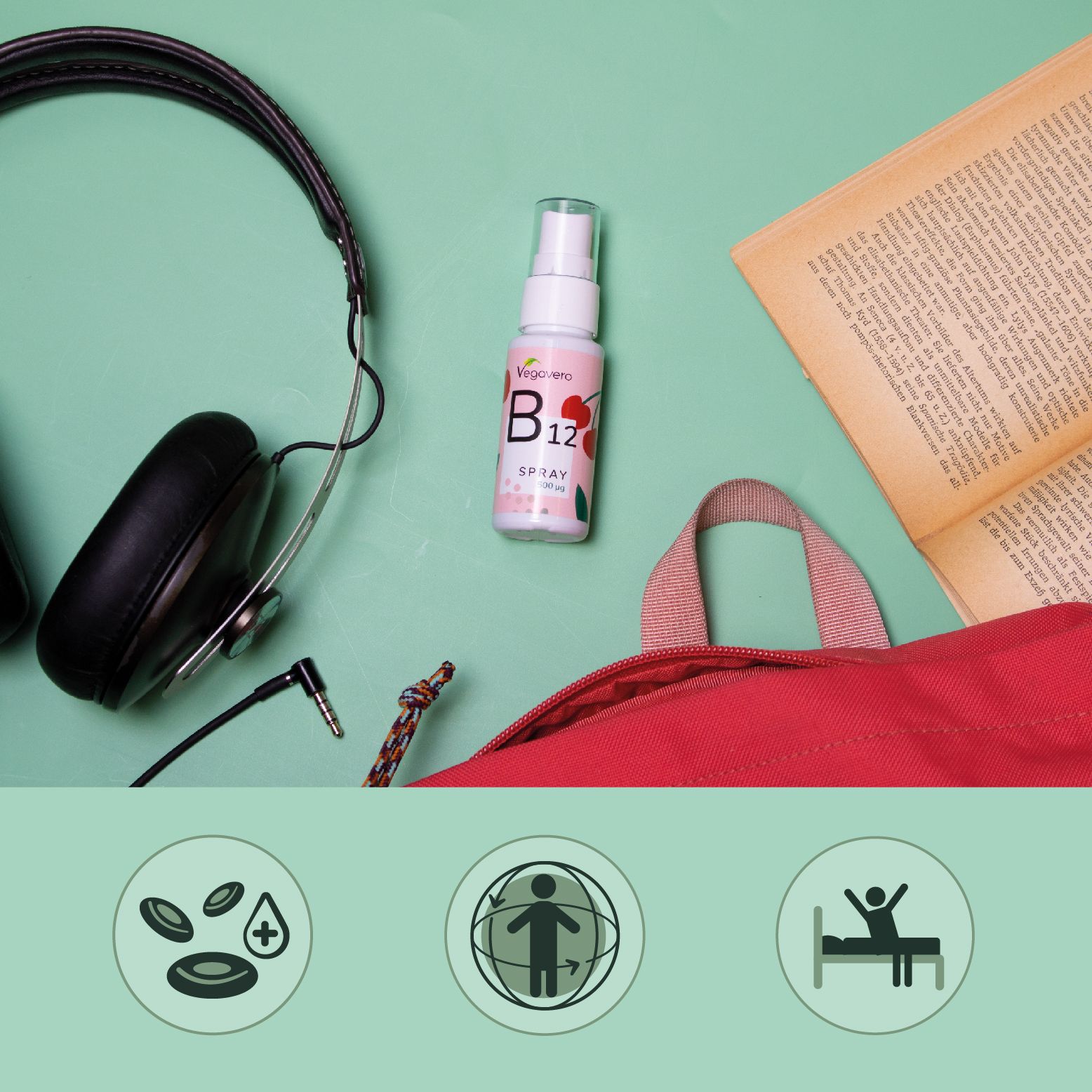 Vegavero B12 Spray su sfondo verde. Cuffie, libro e icone: globuli rossi, globo, persona a letto.
