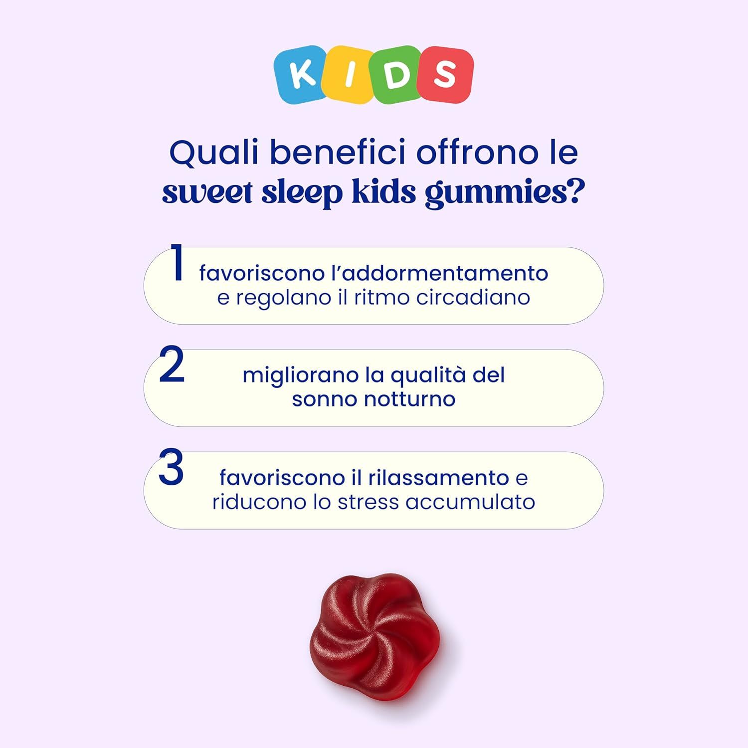 Testo su sfondo viola. Vantaggi: Favorire il sonno, migliorare la qualità del sonno, ridurre lo stress. Una caramella gommosa.
