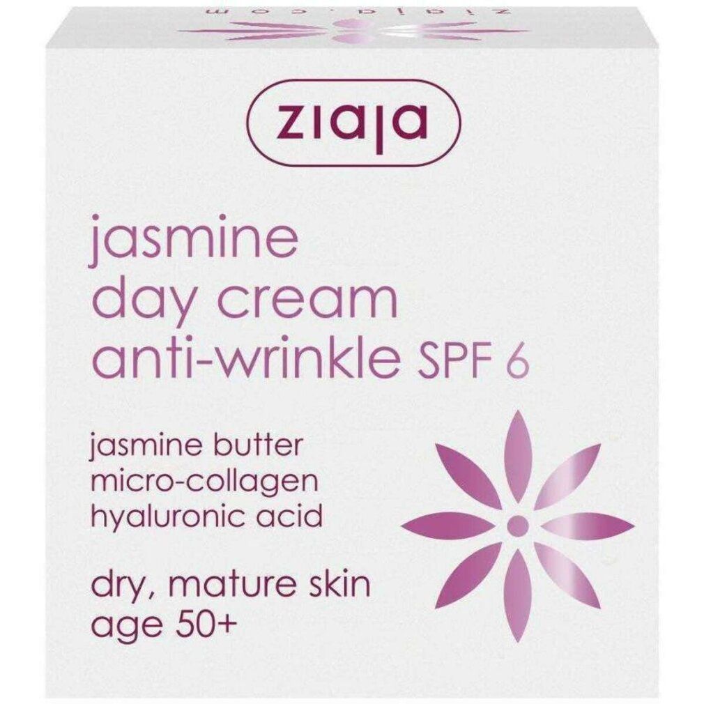 Confezione bianca con scritta: ziaja, jasmine day cream anti-wrinkle SPF 6. Con design floreale. Per pelli secche e mature.