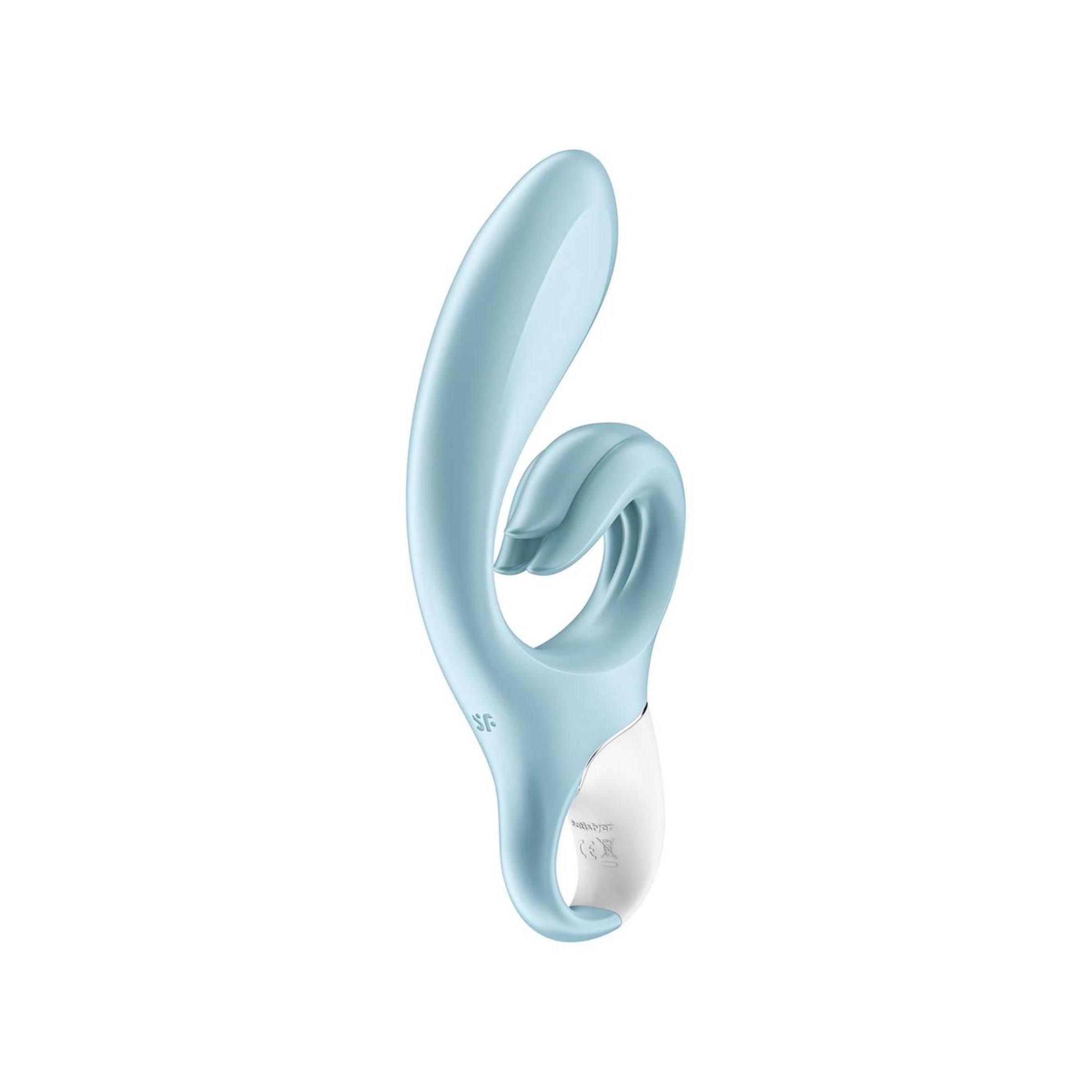 Confezione per un vibratore blu intitolato 'Satisfyer Touch Me Rabbit Vibrator'.