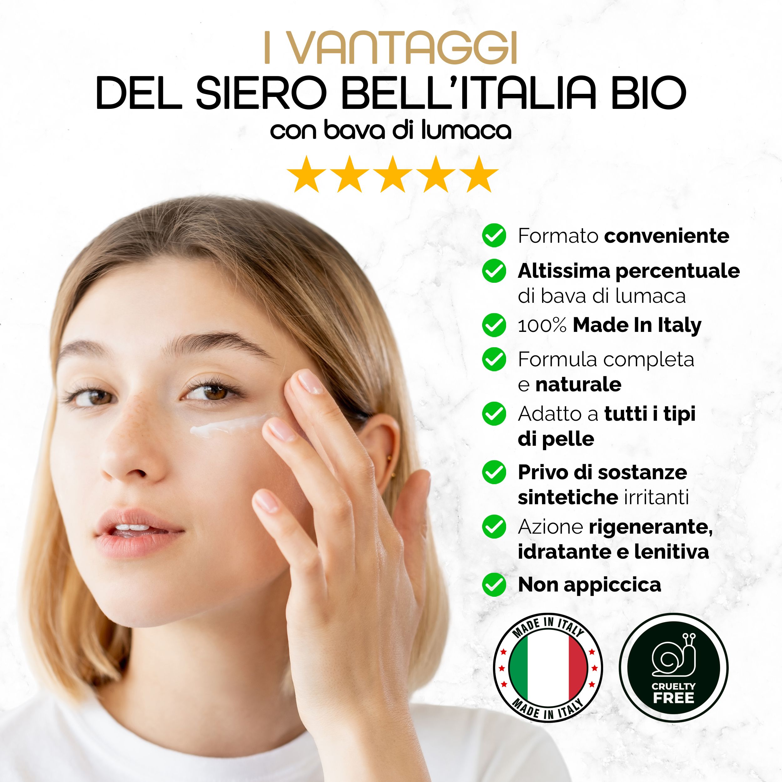 Giovane donna applica siero. Testo: Vantaggi del siero. Loghi Made in Italy e Cruelty Free. Stelle e liste puntate.
