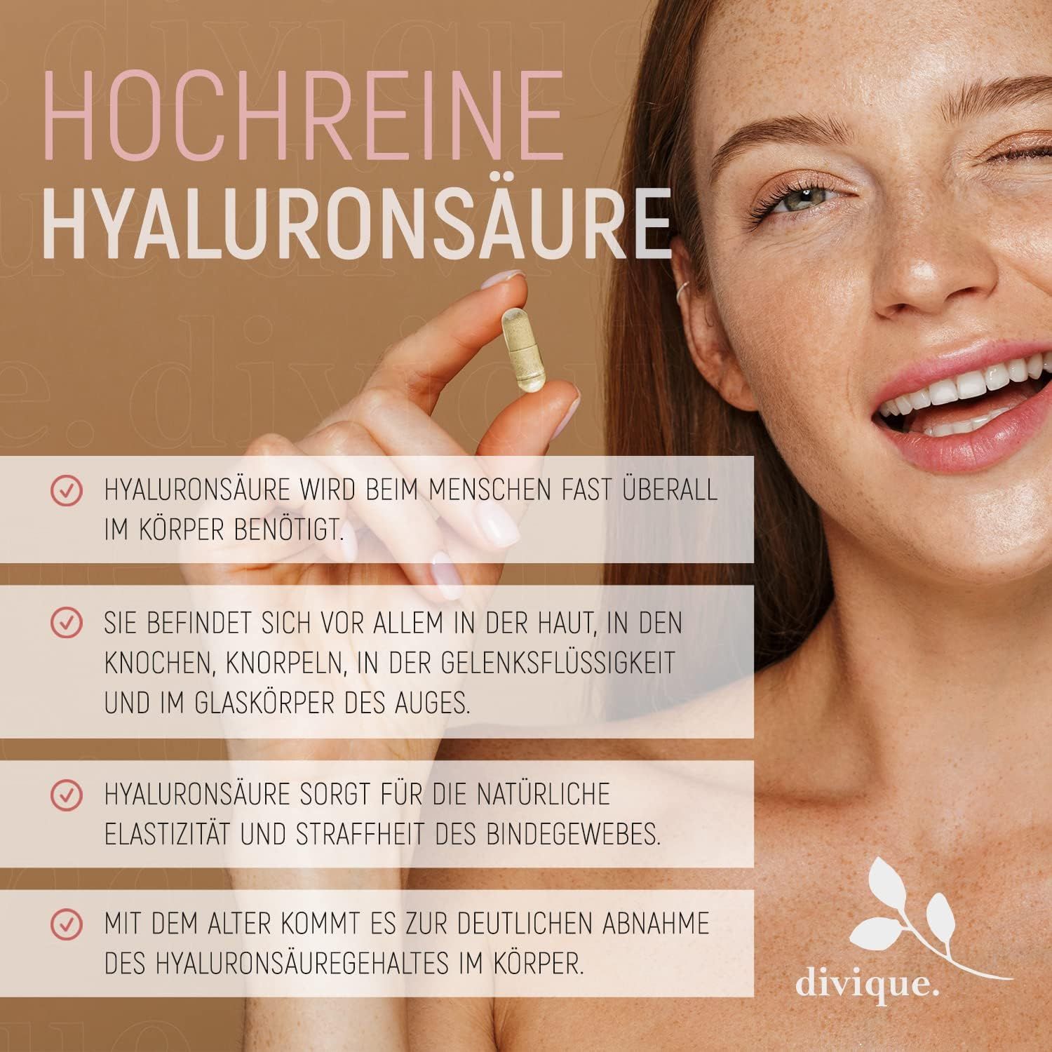 Donna tiene in mano una capsula. Testo: Acido ialuronico altamente puro. Informazioni: acido ialuronico nel corpo, nella pelle, nelle ossa, nelle articolazioni, elasticità.