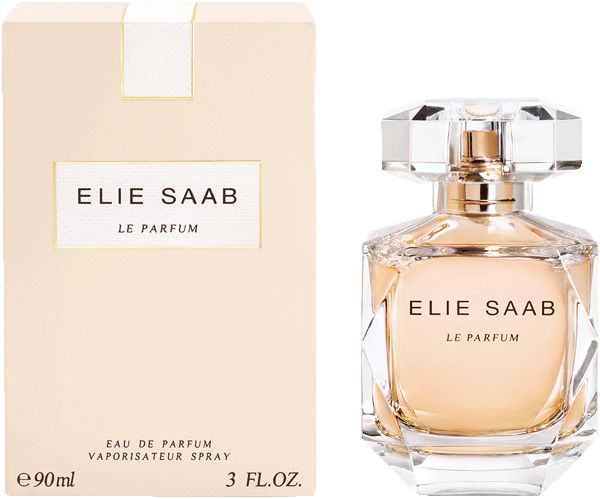 Flacone e confezione Elie Saab Le Parfum EdP Nat. Spray. Flacone con tappo dorato.