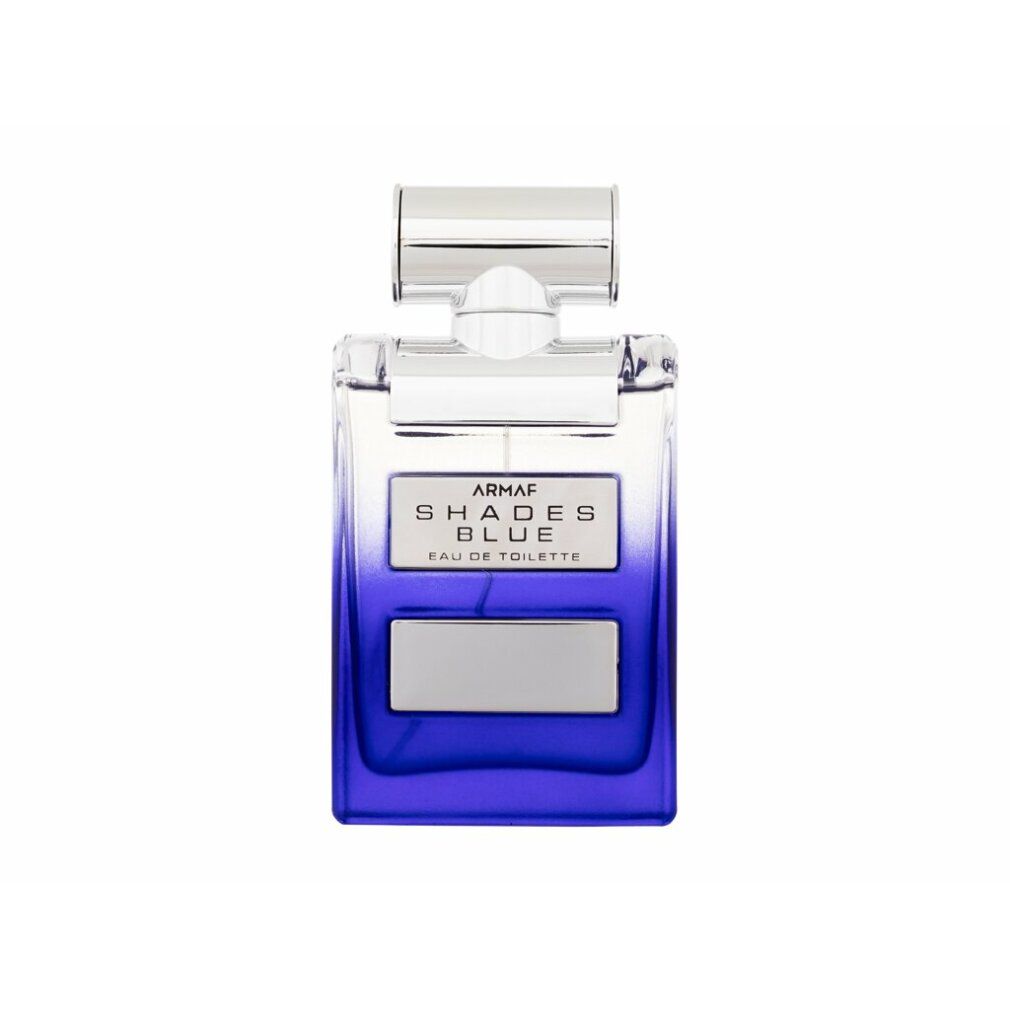 Spray Eau de Toilette blu. Scritta: ARMAF SHADES BLUE, EAU DE TOILETTE. Flacone con tappo argentato.