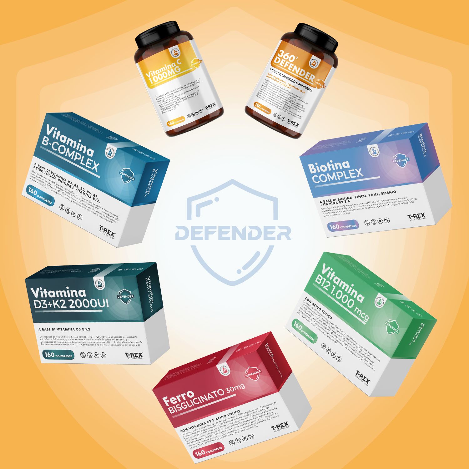 Vari prodotti della linea Defender. Vitamina B-Complex, Biotina, Vitamina D3+K2, Ferro, Vitamina B12, Vitamina C.