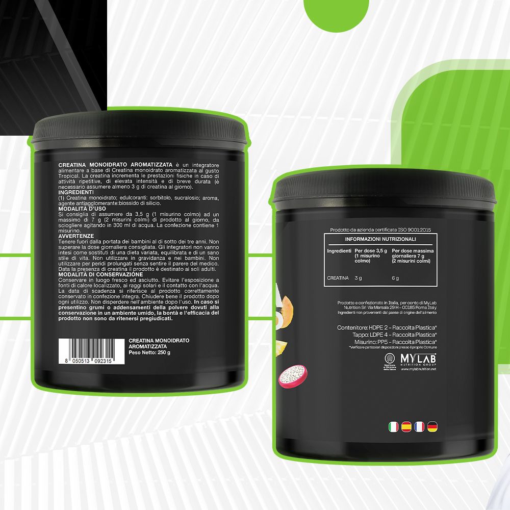 Due barattoli Creatina Monoidrato. Retro con informazioni nutrizionali e ingredienti. Testo in italiano.
