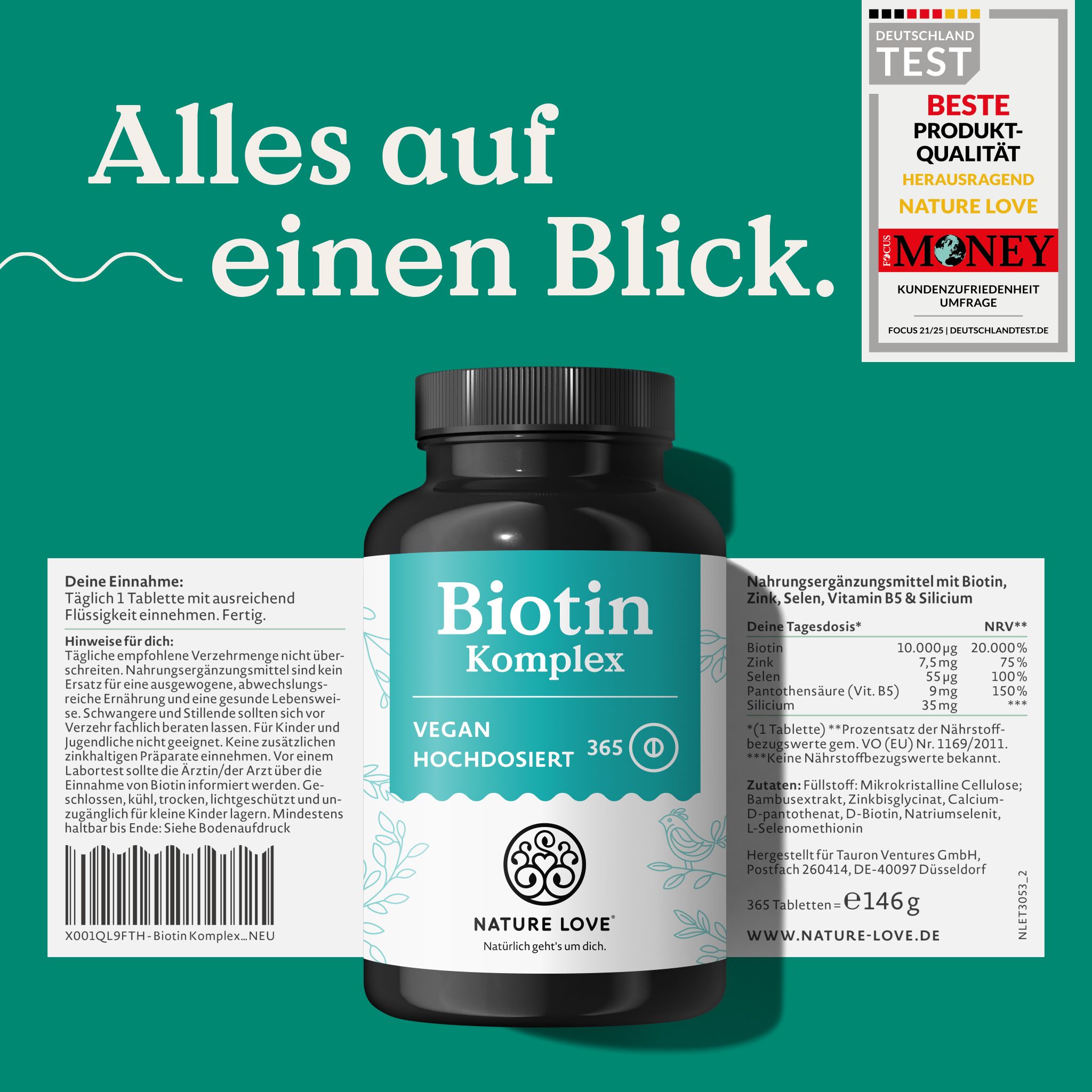 Flacone di Biotin Komplex con etichetta. Premi: "Deutschland Test", "Migliore Qualità Prodotto".