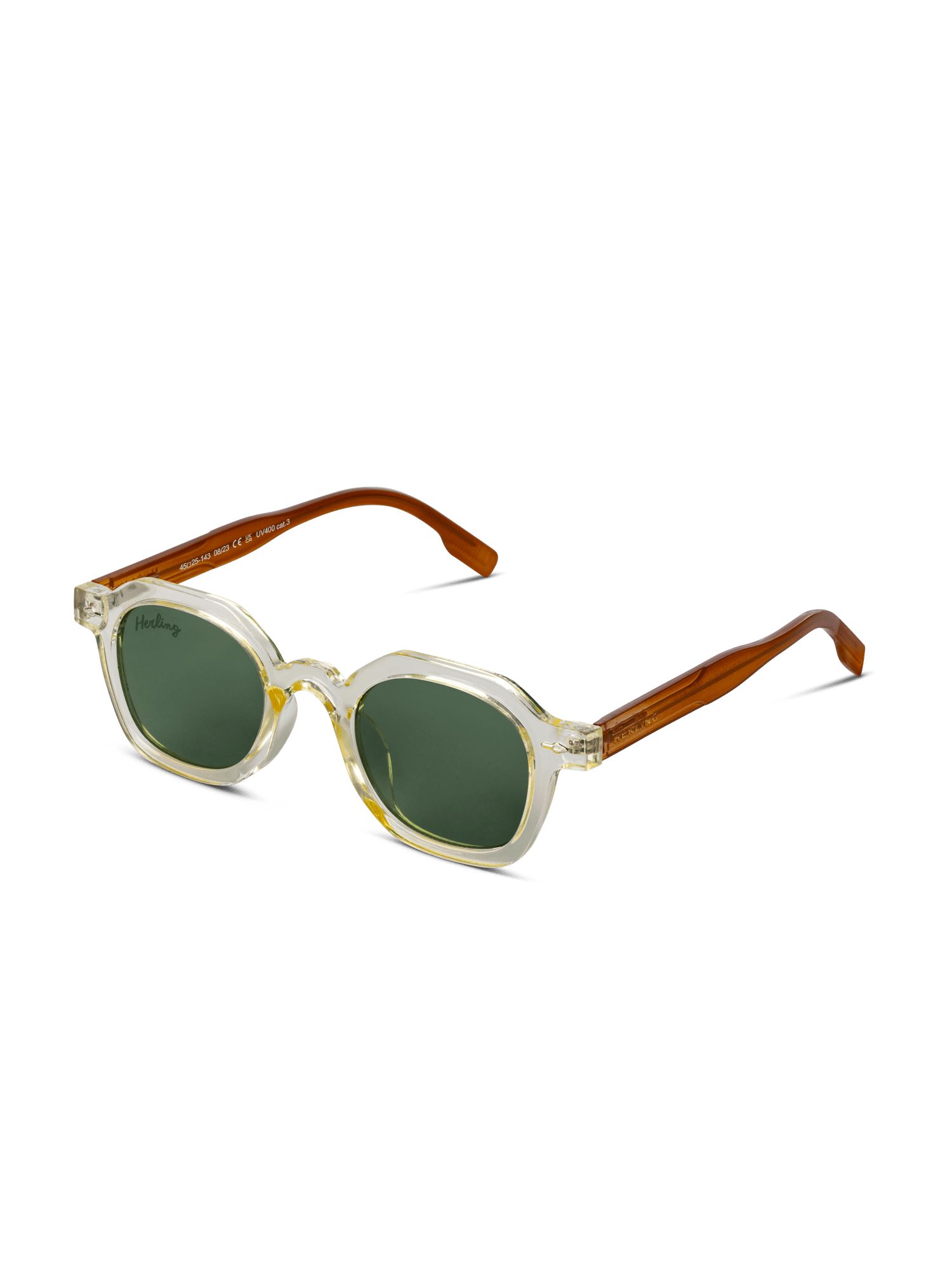 Occhiali da sole con montatura trasparente, aste marroni e lenti verdi. Il nome del marchio "Herling" è visibile sull'asta sinistra.