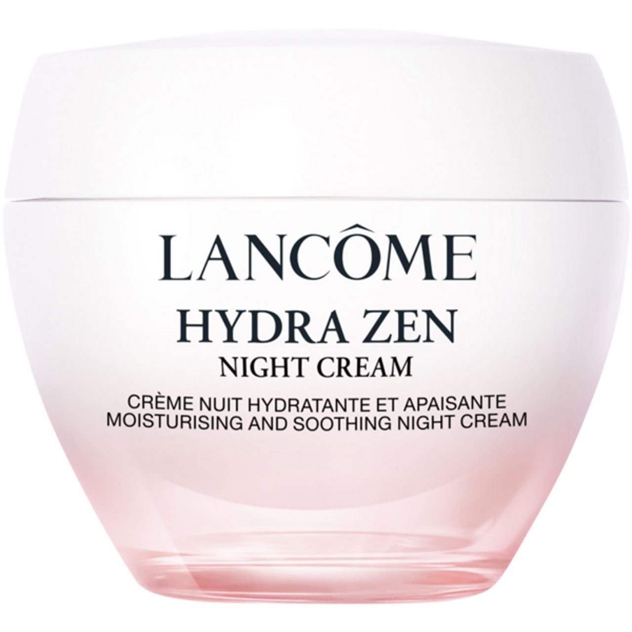Vaso di crema bianco-rosa con coperchio argentato. Scritta: Lancôme, Hydra Zen, crema notte idratante.