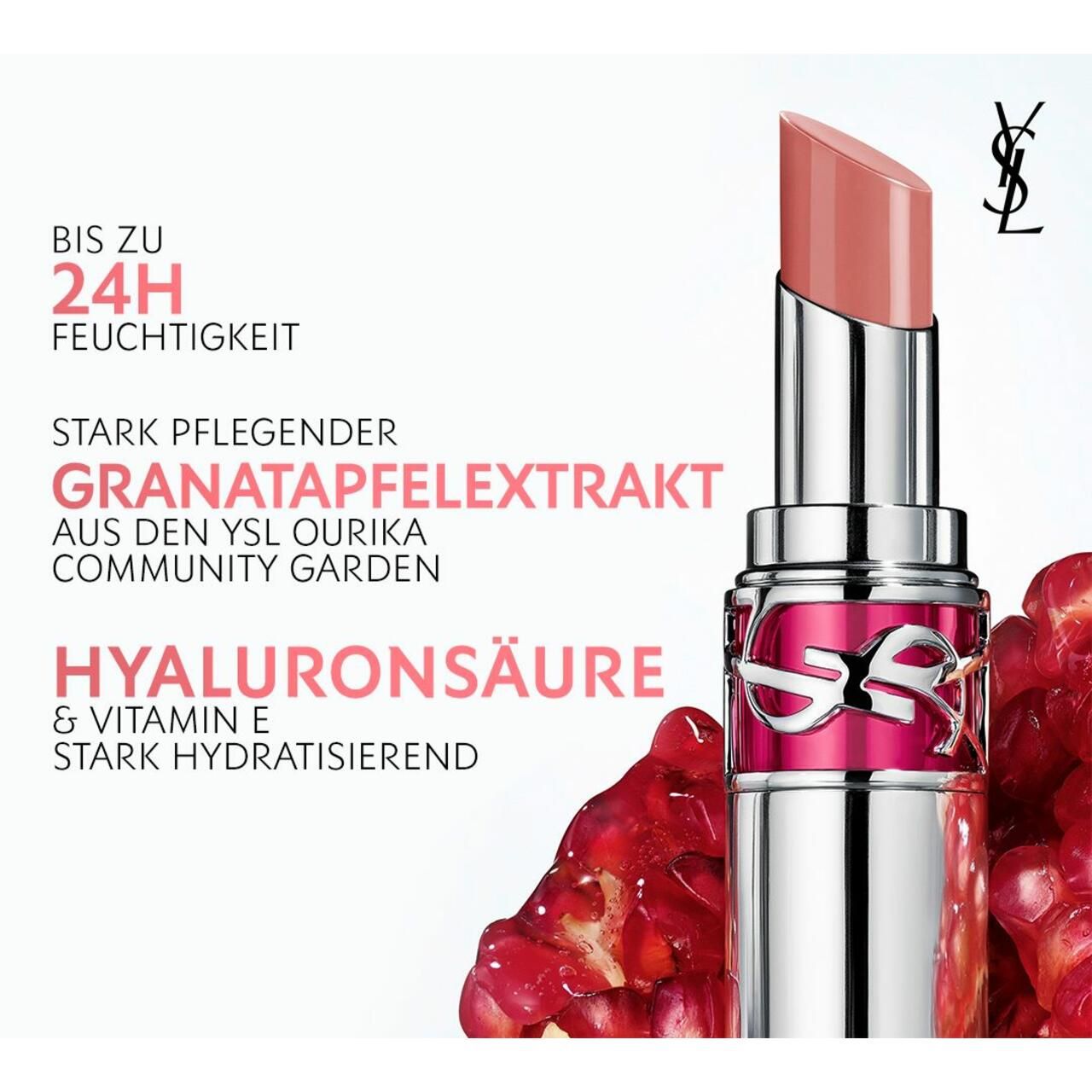 Rossetto YSL in astuccio argentato con dettagli rosa. Testo: Estratto di melograno, acido ialuronico, vitamina E. Melograno accanto.