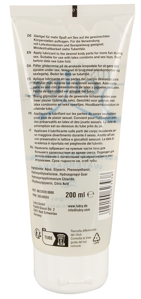 Tubo trasparente di lubrificante a base d'acqua Just Glide con tappo bianco.