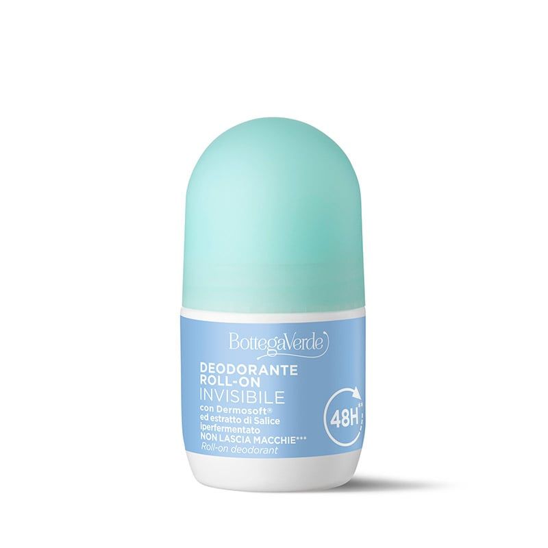 Deodorante roll-on bianco e azzurro. Testo: Bottega Verde, INVISIBILE, 48H.