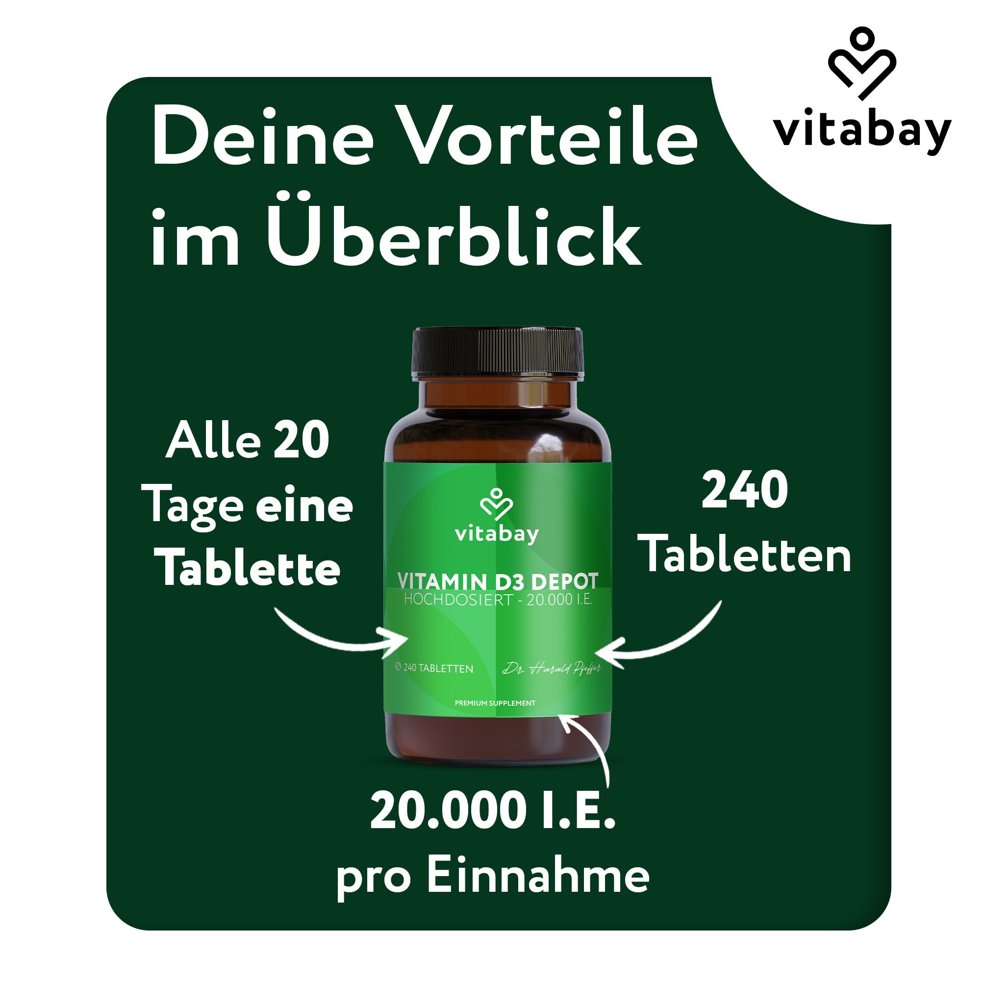 Flacone marrone con etichetta verde. Vitabay Vitamina D3 Depot. 240 compresse. Testo: 20.000 UI per assunzione.