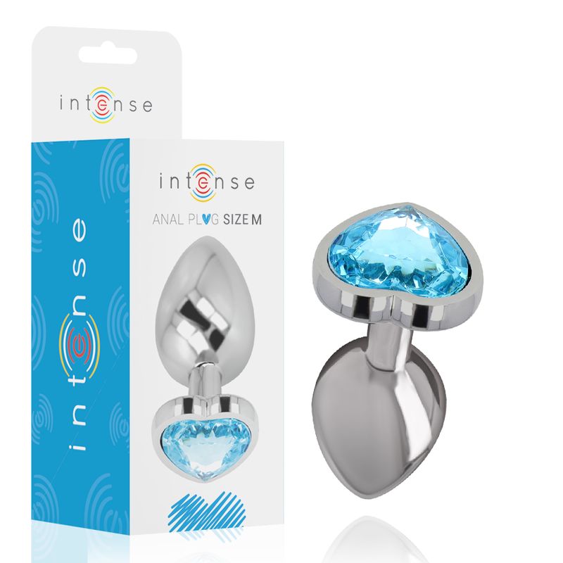 Intense Analplug in metallo con pietra a forma di cuore blu, vista laterale.