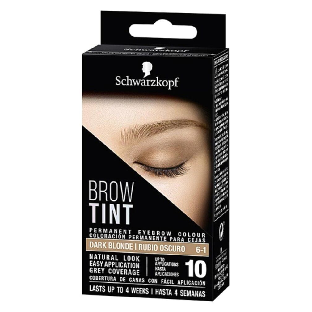 Confezione chiara Schwarzkopf Brow Tint. Nome prodotto e sopracciglio visibili. Testo: BROW TINT, 6-1, fino a 10 applicazioni.