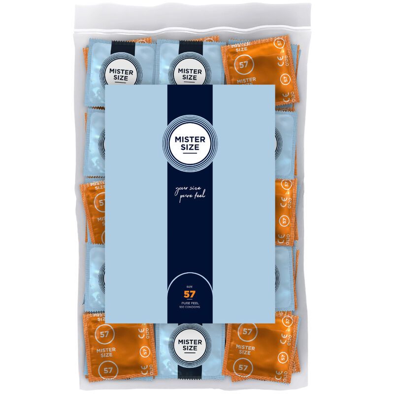 Confezione da 100 preservativi Mister Size 57, confezionati singolarmente in arancione e azzurro.