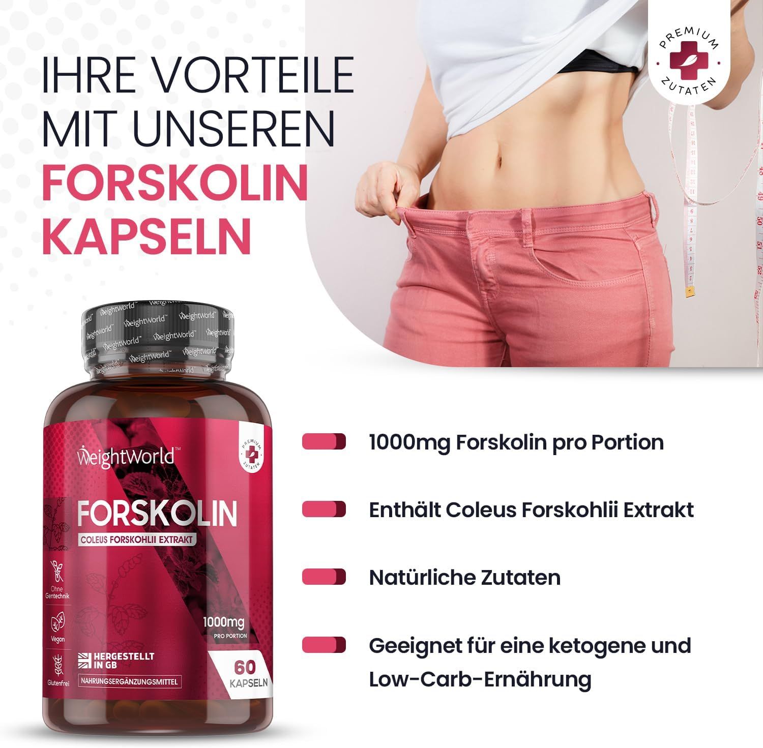 Flacone di capsule WeightWorld Forskolin. Testo: 1000mg Forskolin per porzione, estratto di Coleus Forskohlii, ingredienti naturali.