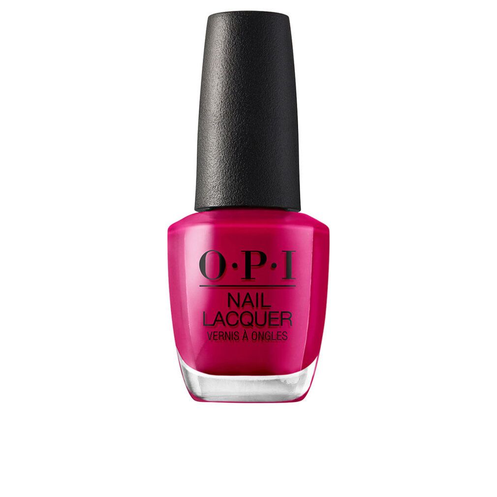 Flacone di smalto rosa con tappo nero. OPI Nail Lacquer è visibile sull'etichetta.