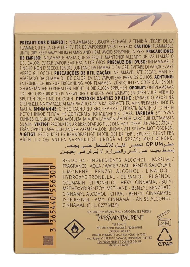 Retro della confezione con avvertenze e ingredienti. Marchio: Yves Saint Laurent. Contiene informazioni multilingue.