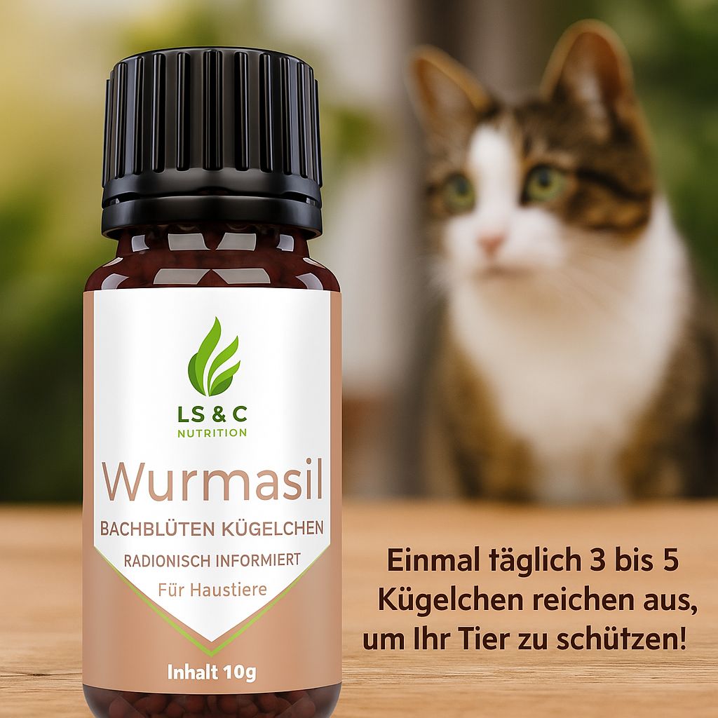Flacone di granuli accanto a un gatto. Etichetta "Wurmasil".