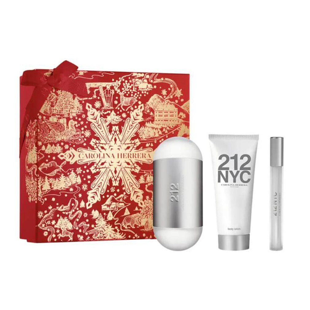 Set regalo con tre prodotti. Include una bottiglia argentata, un tubetto e un flacone piccolo. Scatola rossa con CAROLINA HERRERA.