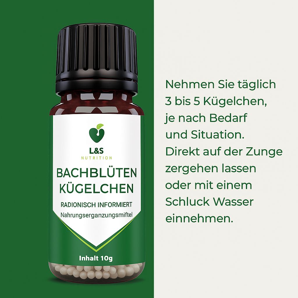 Flacone di vetro marrone con tappo nero. Etichetta con logo e testo: Bachblüten Kügelchen, contenuto 10g. Testo: raccomandazioni d'uso.