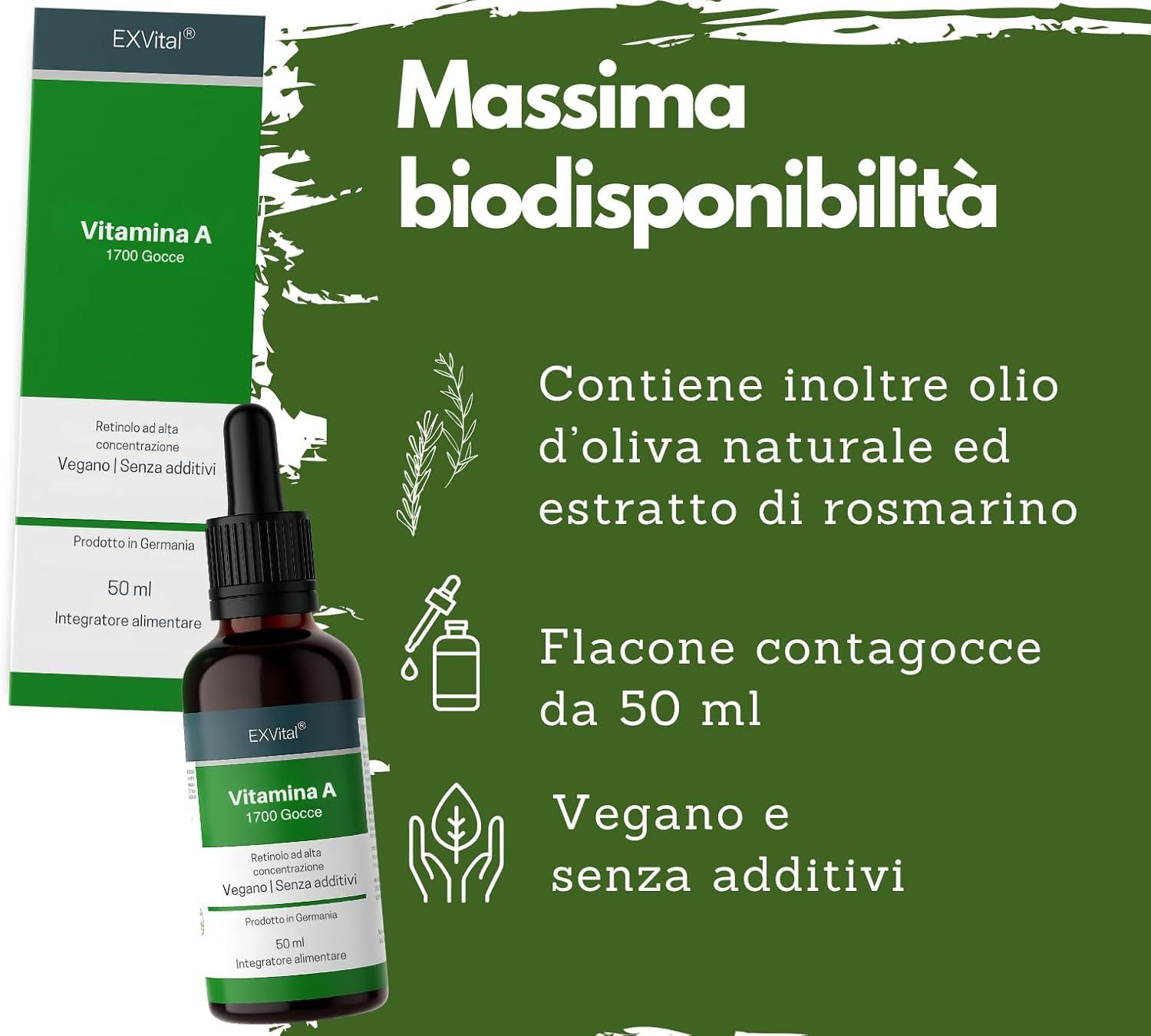 Confezione e flacone italiani di Vitamina A EXVital, 50 ml.