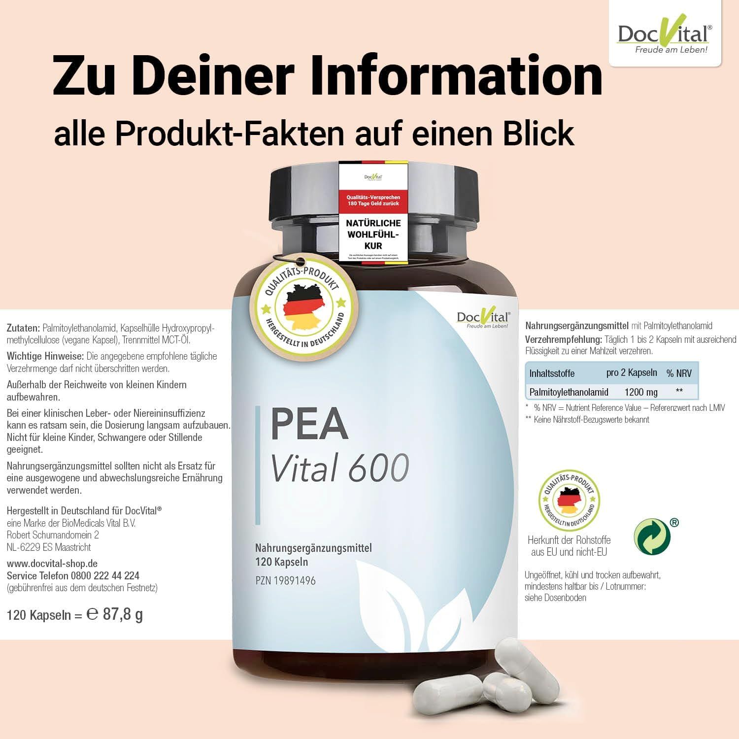 Flacone di capsule DocVital PEA Vital 600, 120 pezzi. Informazioni sul prodotto e ingredienti.