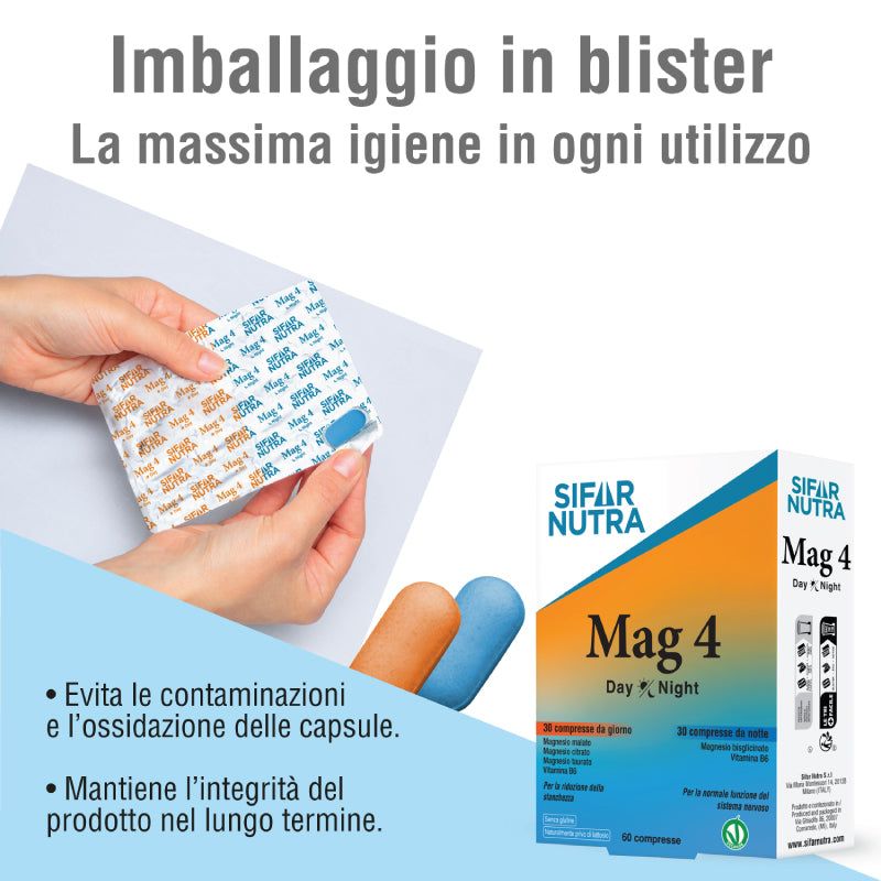Mani che tengono un blister di compresse blu. Accanto, una confezione di Sifar Nutra Mag 4 e due compresse.