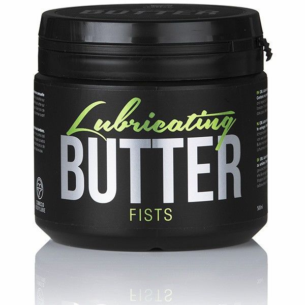 Contenitore nero con scritta "Lubricating BUTTER FISTS" in verde e argento. 500ml.