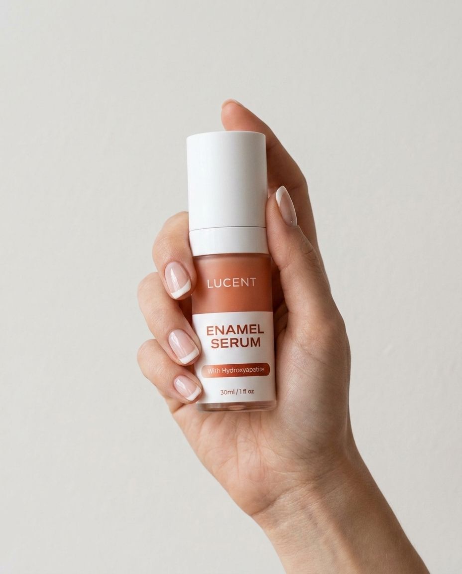 Una mano tiene in mano un flacone. Sul flacone si legge "LUCENT ENAMEL SERUM". Sotto, "with Hydroxyapatite".
