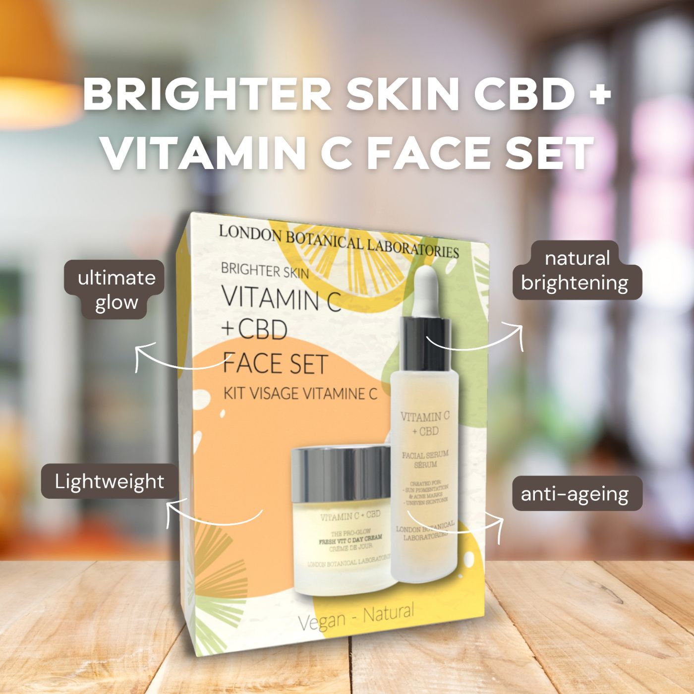 Set regalo con siero e crema. Contiene vitamina C + CBD. Vegano e naturale. Confezione con logo e nome del prodotto.