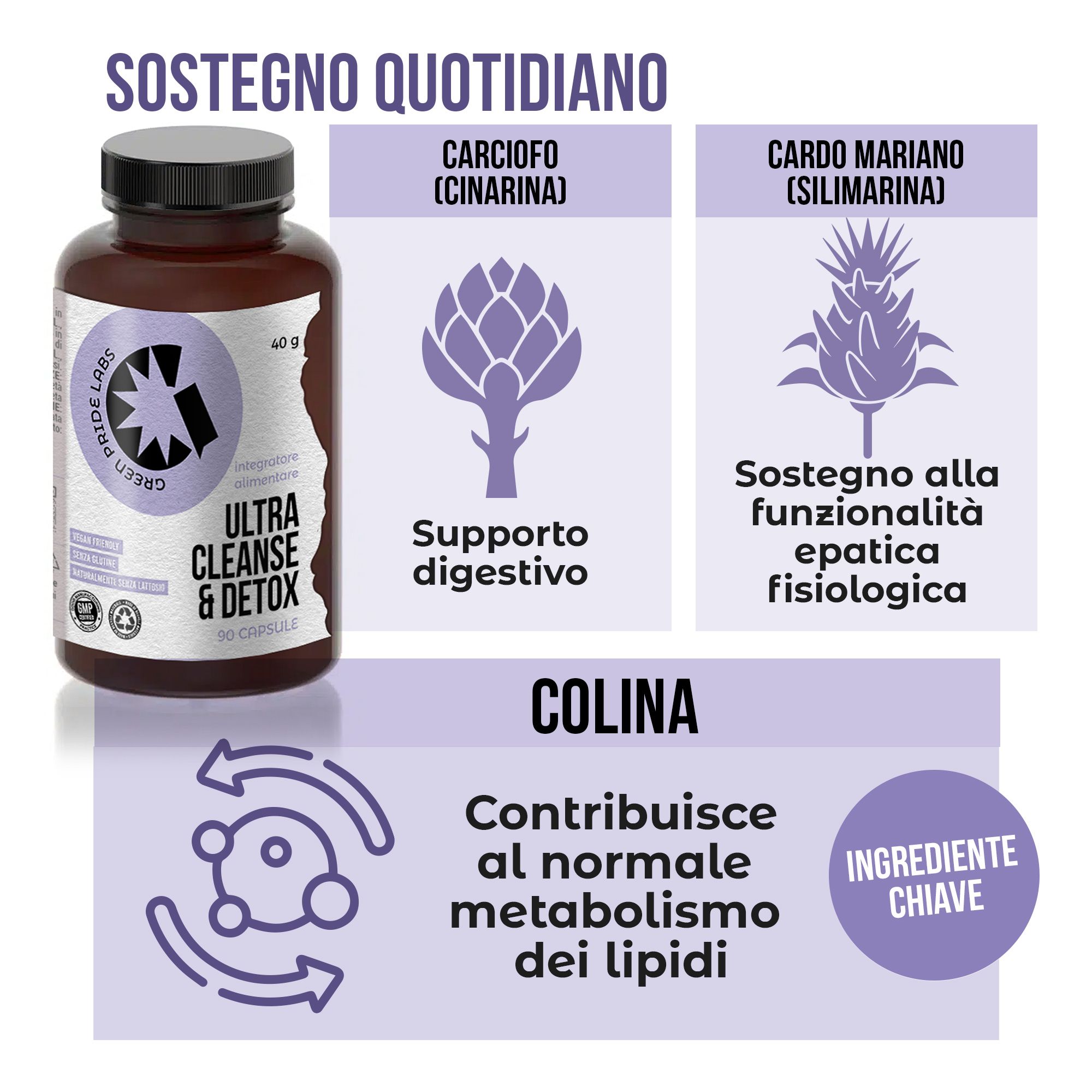Flacone marrone con etichetta 'ULTRA CLEANSE & DETOX', accanto a illustrazioni di carciofo, cardo mariano e colina.