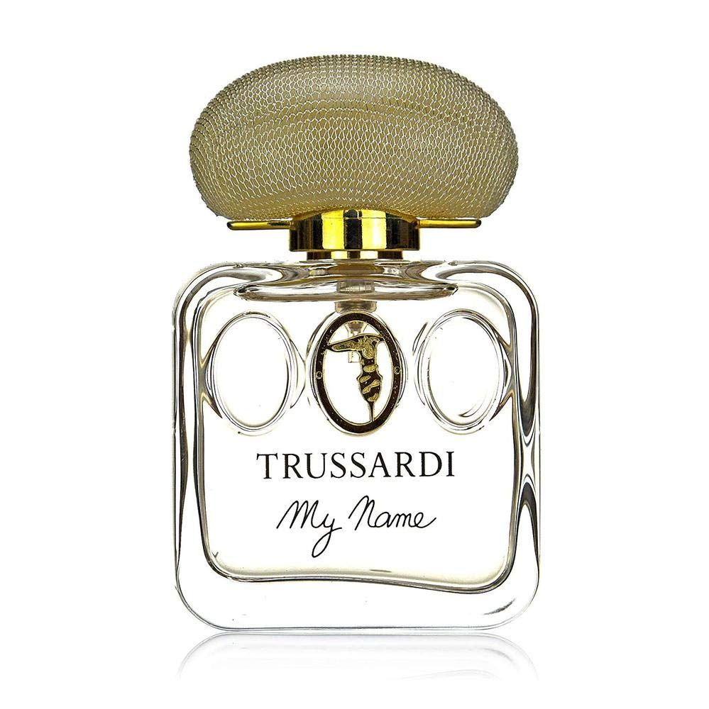 Flacone Trussardi My Name Eau de Parfum con tappo dorato e decorazioni ovali.