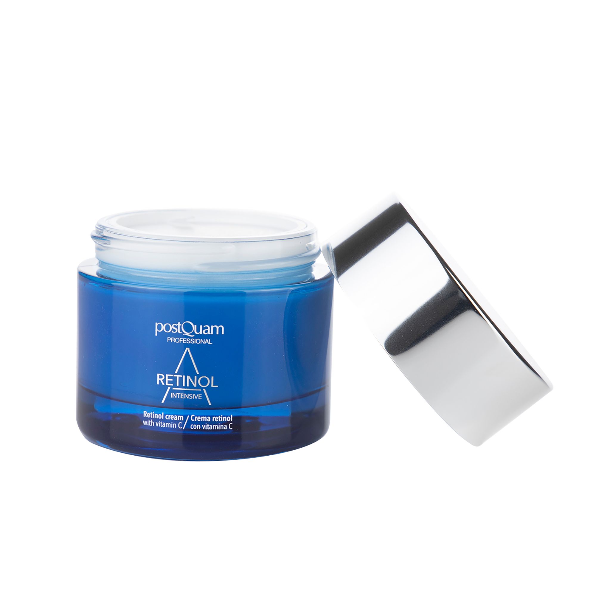 Vaso blu con coperchio aperto. Scritta: Retinol Intensive, Retinol cream with vitamin C.