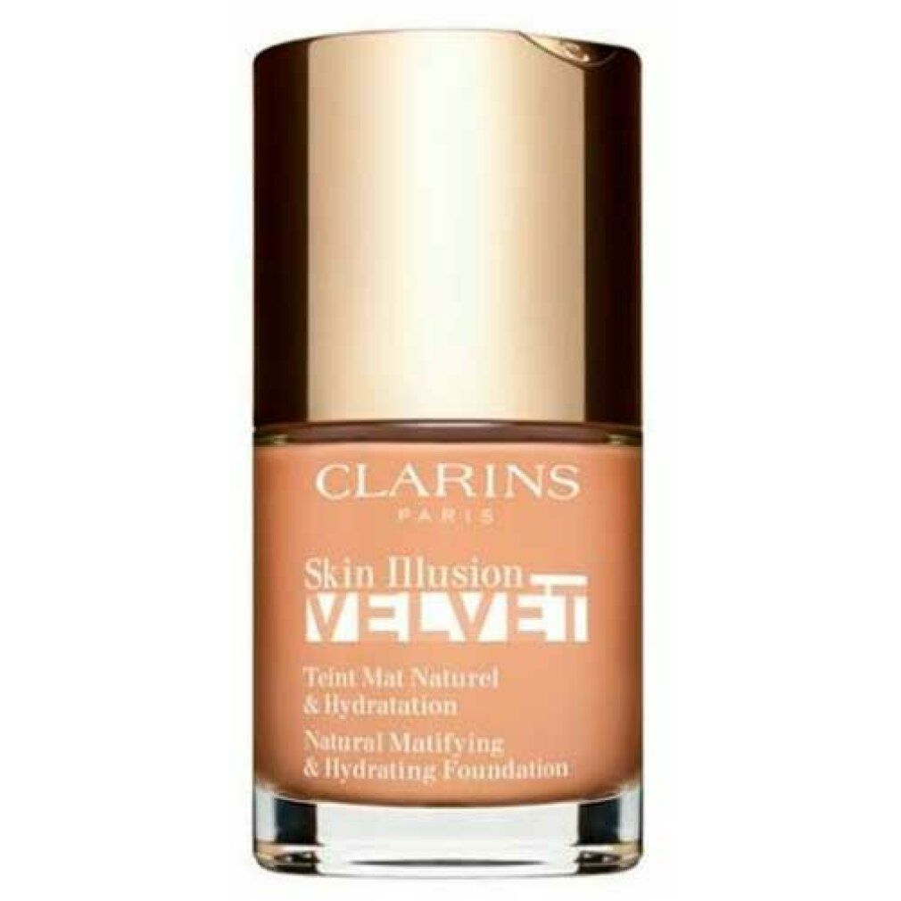 Fondotinta Clarins Skin Illusion Velvet. Flacone con tappo dorato. Testo: Natural Mattifying & Hydrating Foundation.