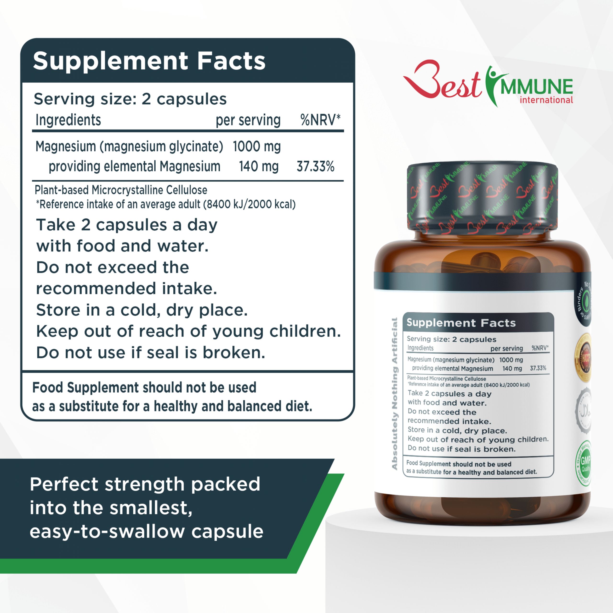 Flacone marrone con capsule. Scritta: Magnesium Glycinate. Etichetta con informazioni nutrizionali. Marchio: Best Immune.