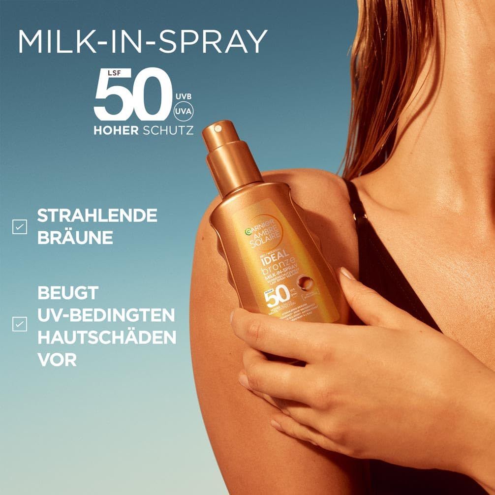 Garnier Ambre Solaire Milk-in-Spray 50. Flacone dorato, spray. Testo: SPF 50, alta protezione, abbronzatura radiosa, previene i danni cutanei UV.